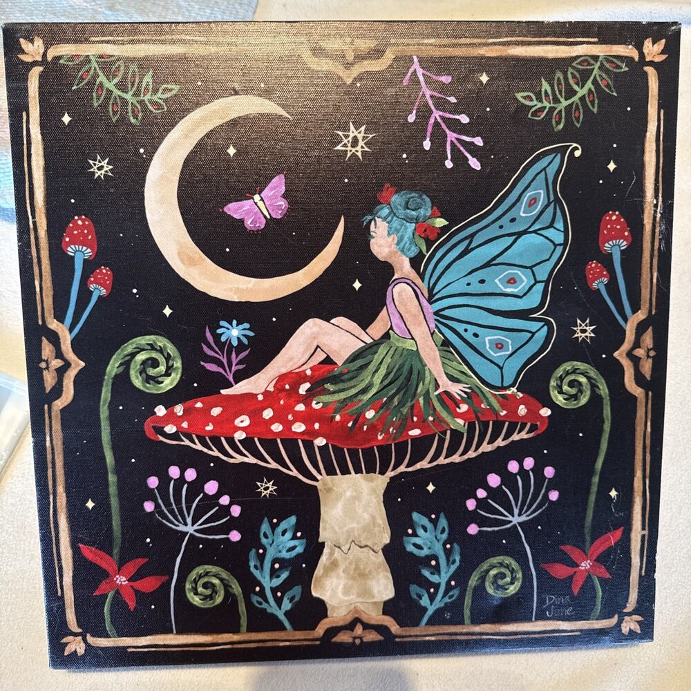 Fairycore Mushroom Whimsical Cottagecore Print on Canvas Over Wood. 14 x 14 "